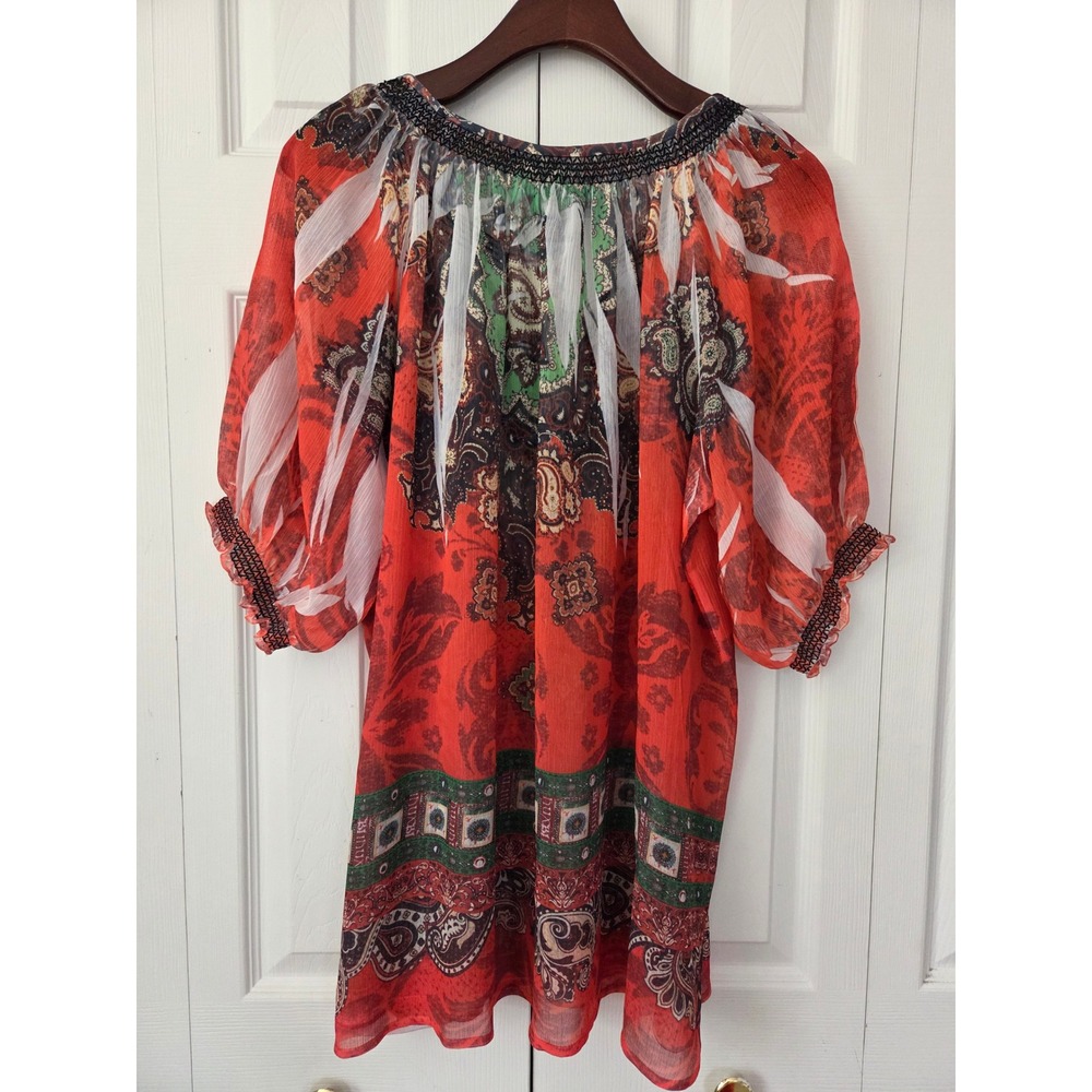 Lane Bryant Short Sleeve Blouse Smocked Embroidered Size 22/24 Red Multi NWT - Picture 3 of 7